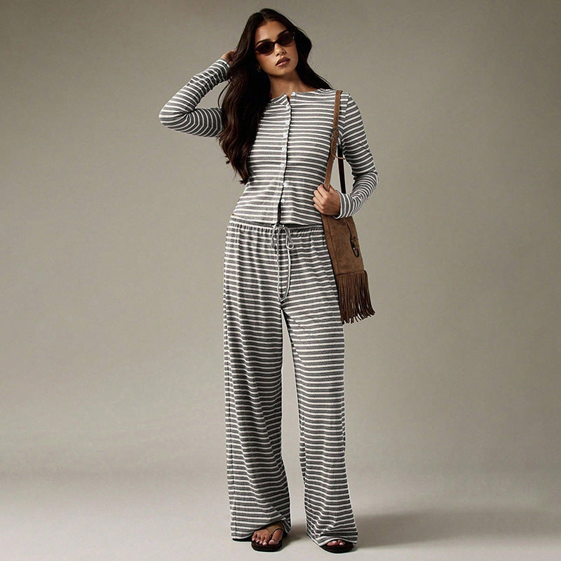 Striped Single-breasted Long Sleeve Drawstring Trousers Two-piece Suit