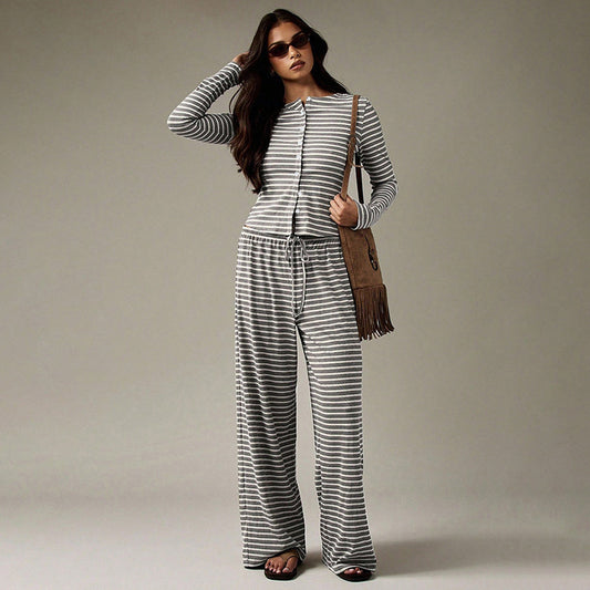 Striped Single-breasted Long Sleeve Drawstring Trousers Two-piece Suit