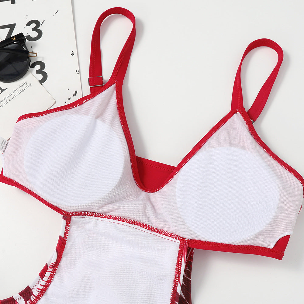 One-piece Leaf-shaped Flowers Color Matching Women's Swimsuit Lace-up Sexy Triangle Bikini