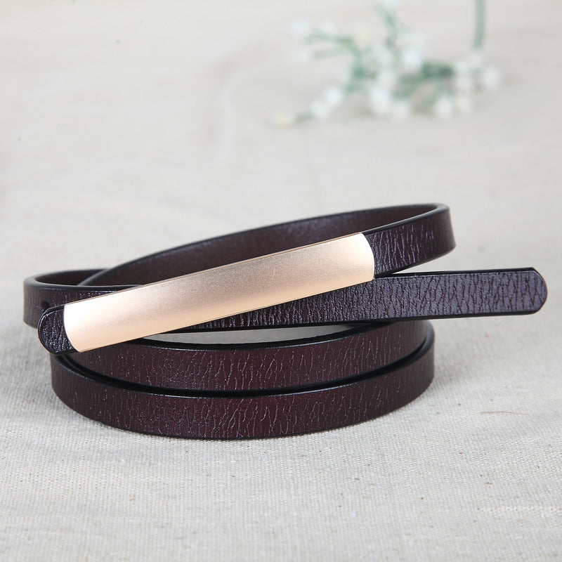 Female leather alloy smooth buckle two-layer leather fine belt