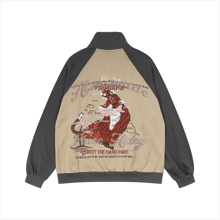 Women's Loose Tiger Embroidered Stand Collar Colorblock Jacket