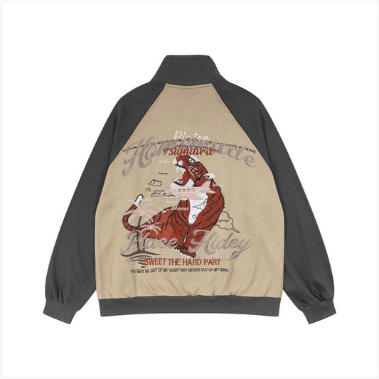 Women's Loose Tiger Embroidered Stand Collar Colorblock Jacket