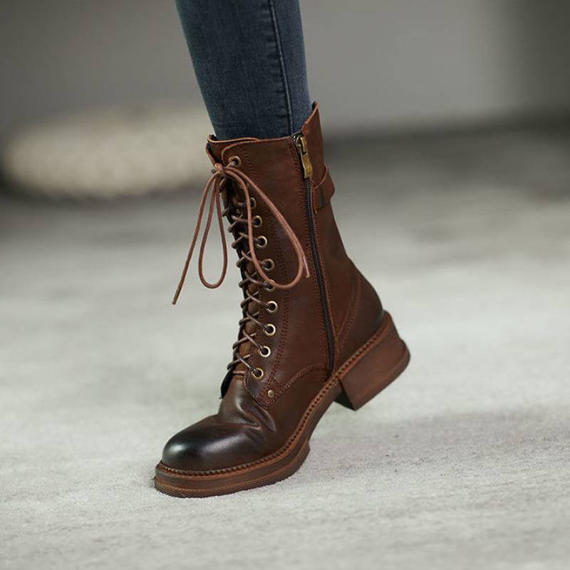 Ins Thick Heel Mid-tube And Velvet Lace Up Womens Boots