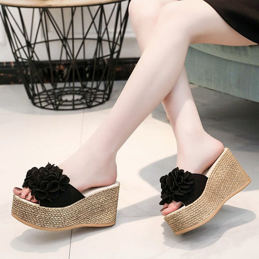 Fashion Summer Flower Outer Wear Thick Bottom Korean Style One-line Wedge Slippers