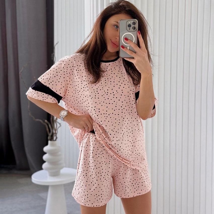 Polka-dot Pajama Set Fashionable Knit Top And Shorts Two-piece Set