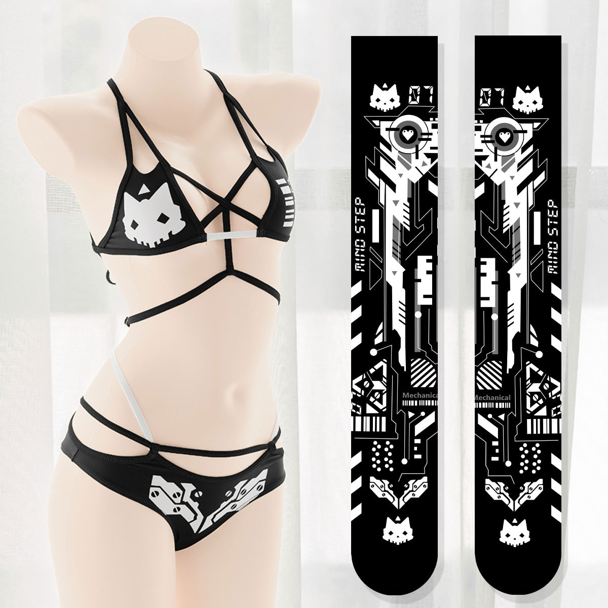 Original Printed Mechanical Dark Cat Demon Bikini Set
