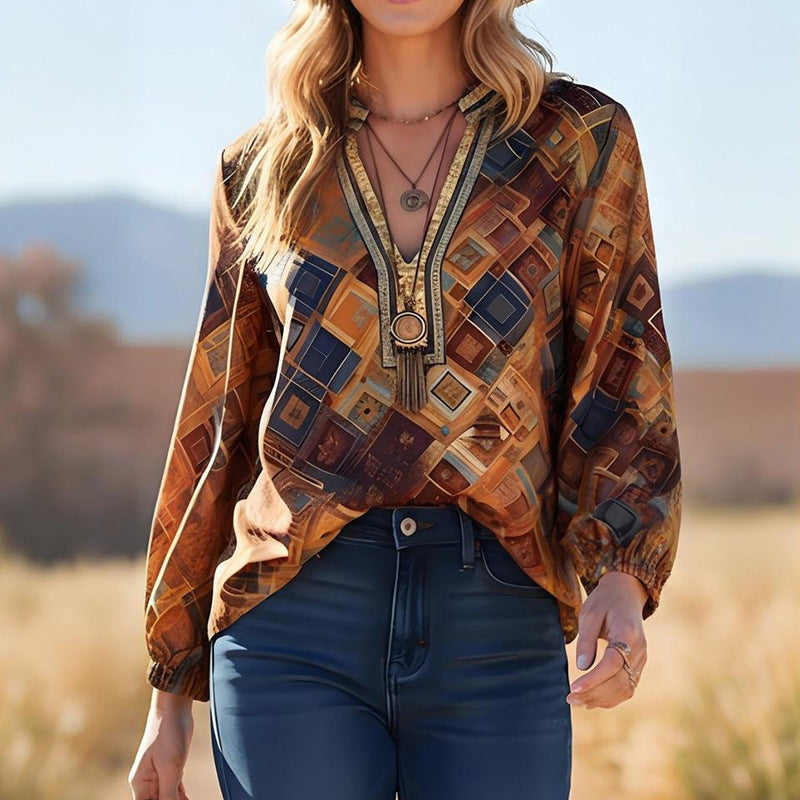 Women's Fashionable Printed Casual Long Sleeve Loose Top
