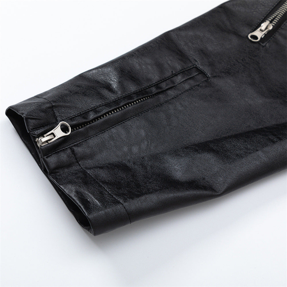 European And American Style Stitching PU Leather Sleeve Denim Jacket