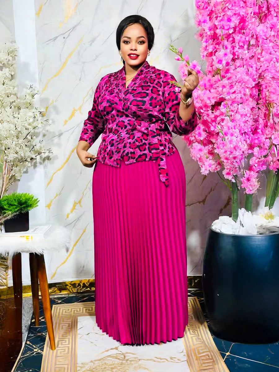 Plus Size Slightly Fat Women's Clothing Printed Long-sleeved Top Pleated Skirt