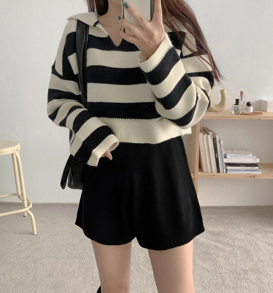 Lapel Loose Multicolor Women's Short Sweater