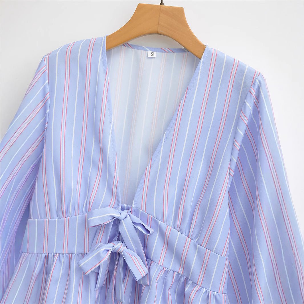European And American Style French Fashion Design Bowknot Decoration Striped Shirt