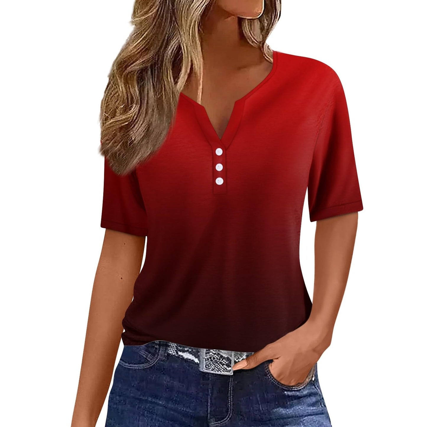 V-neck Three-button Printed Short-sleeved European And American Top