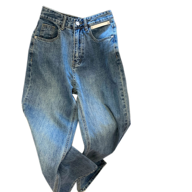 Dame højtaljede mopping-jeans løse vidde ben lige bukser