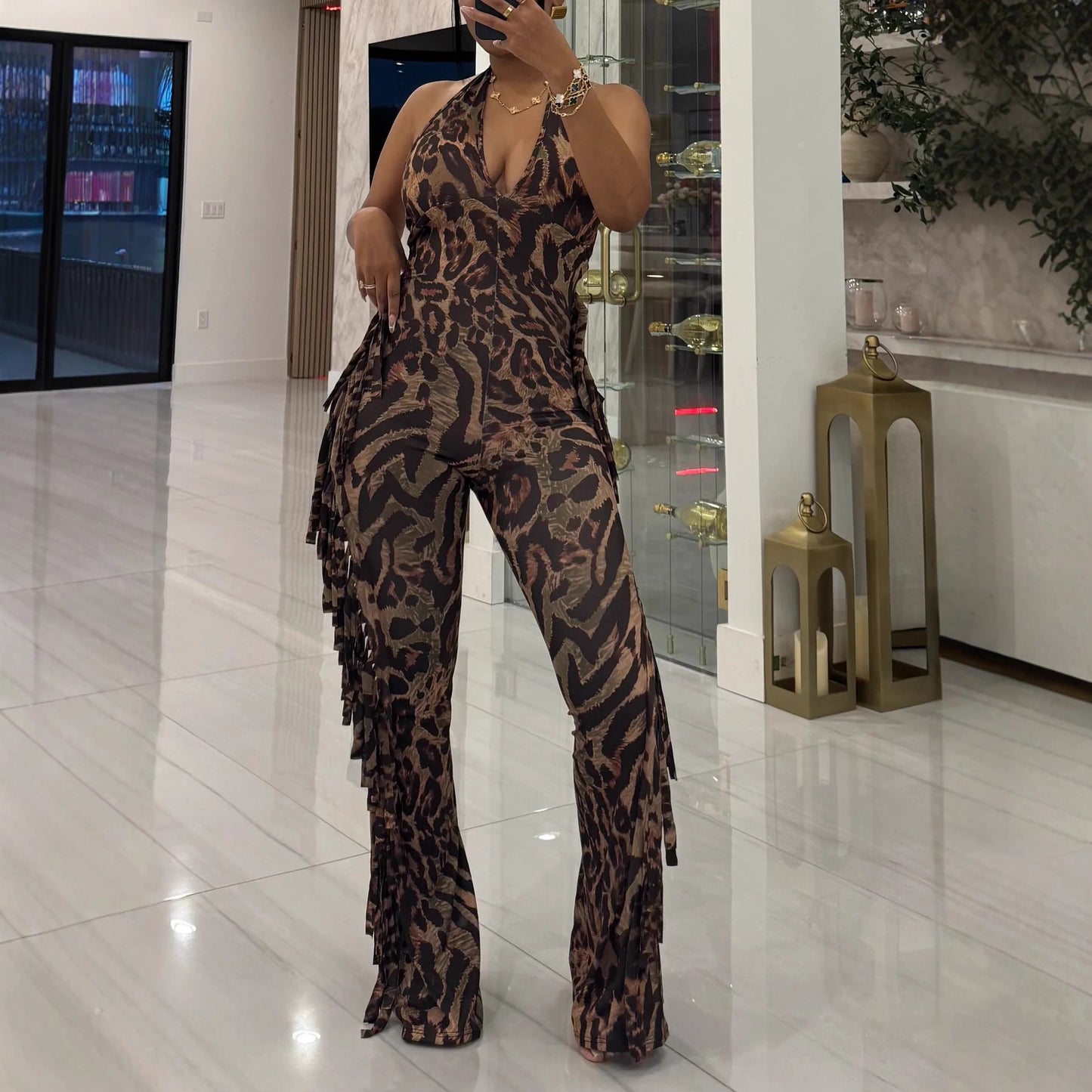Stretchy Backless Fringed Printed Halterneck Flared Jumpsuit With Tie-up Straps