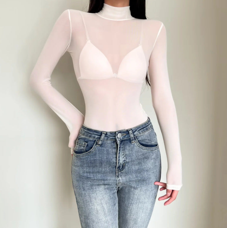 Women's Mesh Sheer Crew-Neck Long-Sleeve Jumpsuit