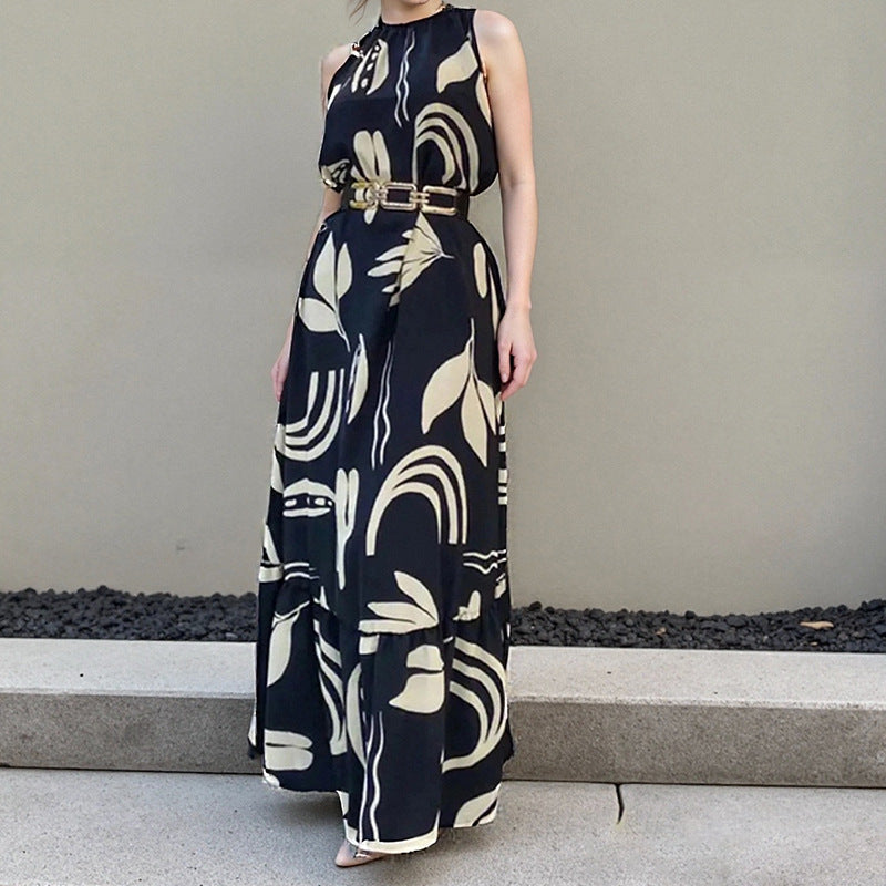 Printed Neck Hanging Sleeveless Waist Cinching Slim Fit Dress