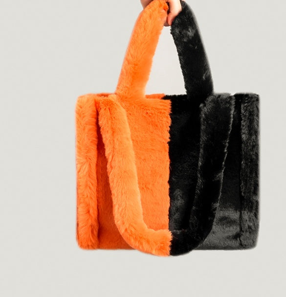 Plush Bag Female Europe And America Simple Contrast Color Candy Tote Bag