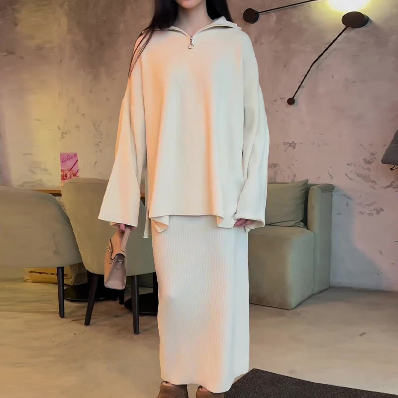 Fashion Solid Color Loose Zip Casual Skirt Suit Women