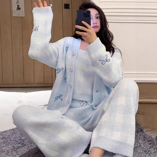 Womens Two-Piece Pajama Set Thin Fleece-Enhanced Loungewear For Spring And Autumn
