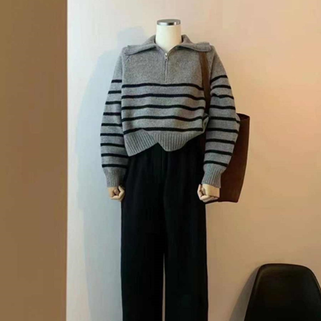 Gray Half Zip Turtleneck Striped Knitted Sweater