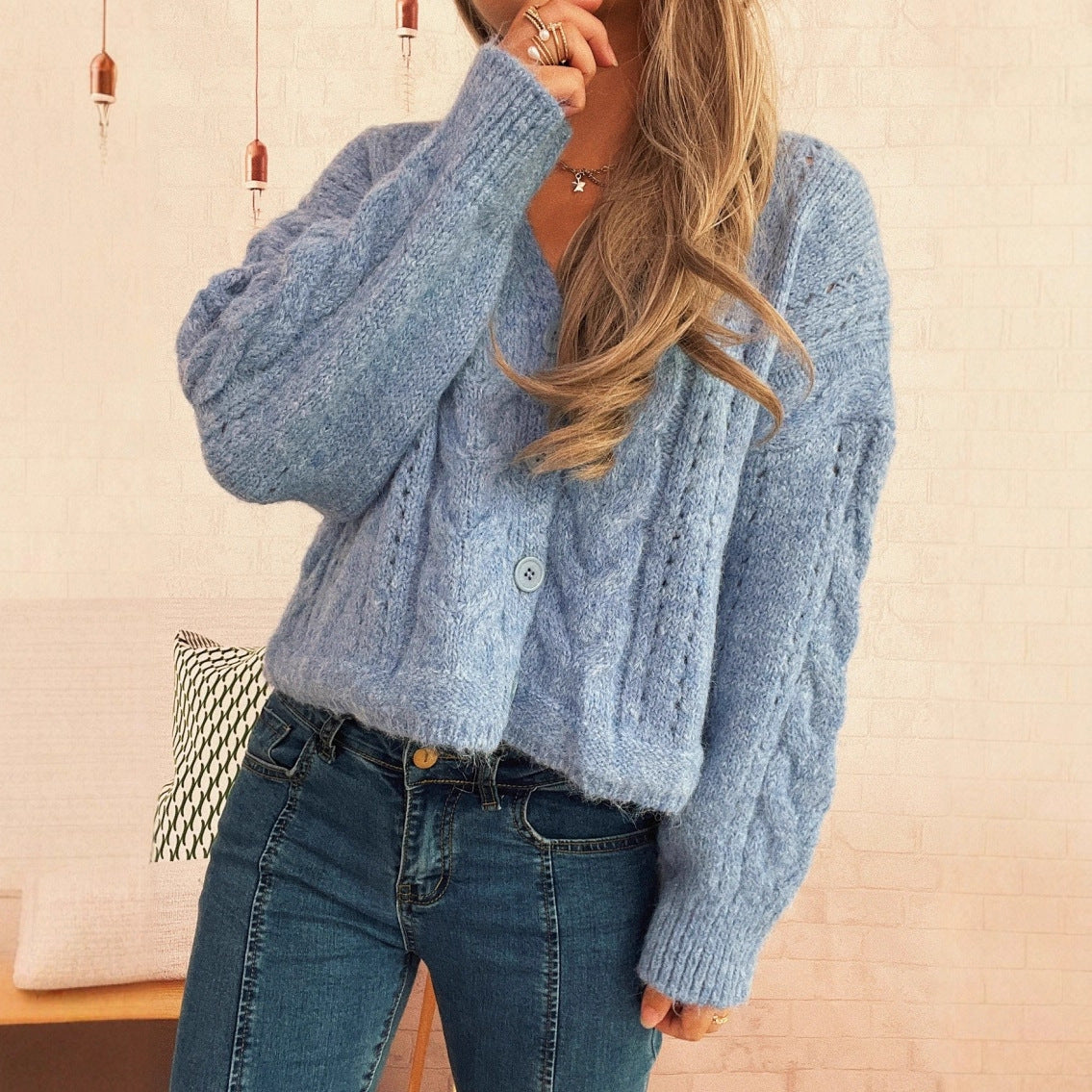 Casual Short Twist Hollow-out Knitted Cardigan Single-breasted V-neck Sweater
