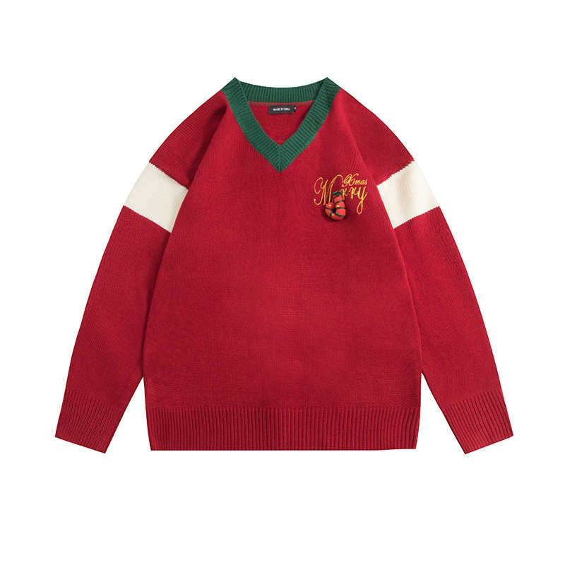 Color-blocking Bow V-neck Sweater Women's Loose Christmas Sweater