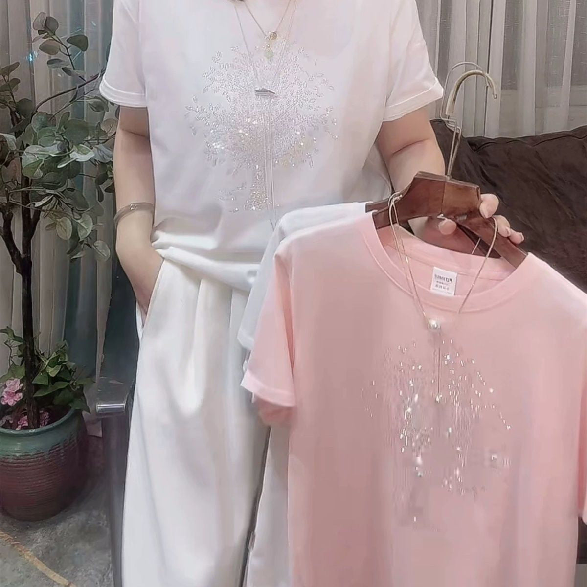 Combed Cotton Rhinestone Hot Fixed Short Sleeve T-shirt