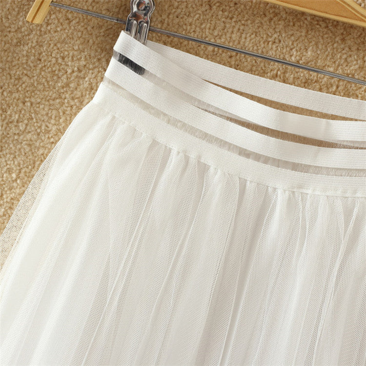 Embroidered Floral Pleated Mesh Skirt Mid Length