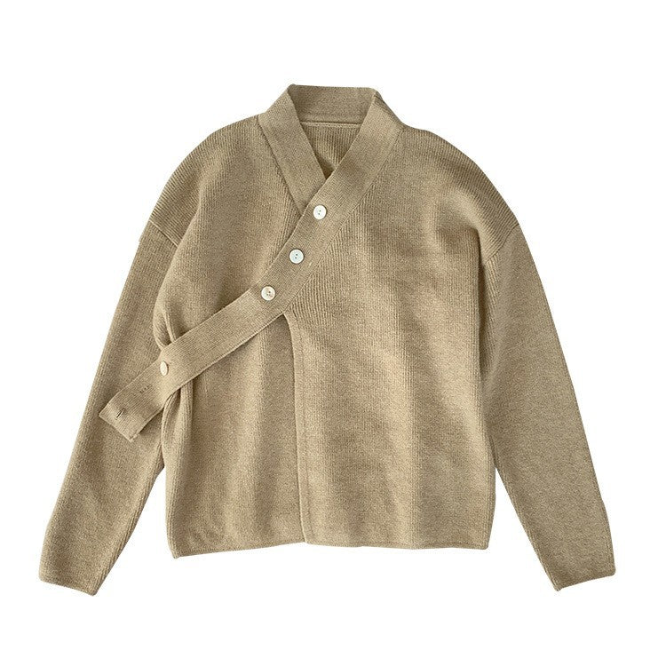 V-neck Diagonal Buckle Loose Knit Sweater Jacket