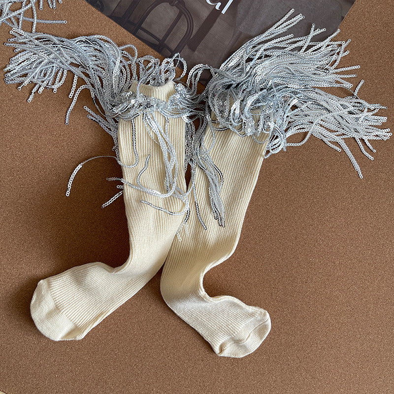 Girls Sequins Tassel Calf Socks