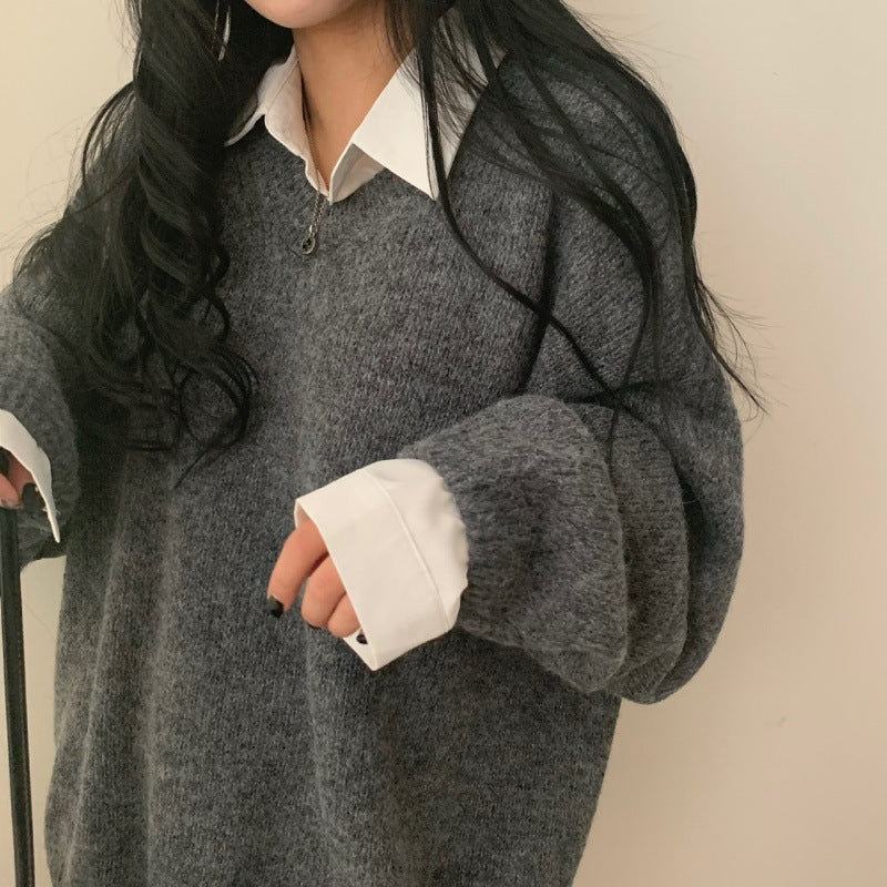 Women's V-neck Solid Color Pullover Long Sleeve Sweater