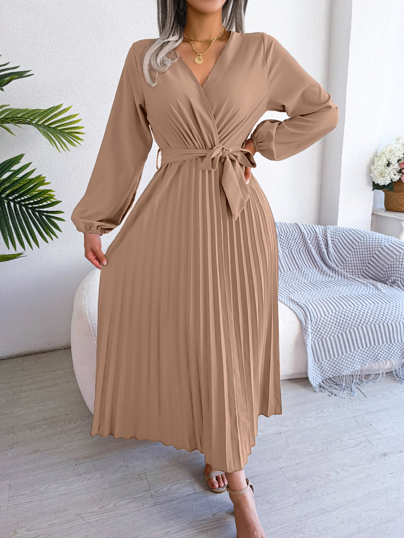 Women's Elegant Cross V Neck Flowy Pleated Maxi Dress