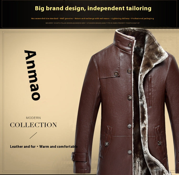 Men's Mid-length Stand Collar Sheepskin Thickened Fur Overcoat Coat