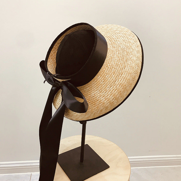 Hepburn Wind Big Ribbon Bowknot Elegant Retro Hollow Top Beach Straw Hat Girl