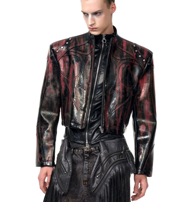 Mens Stand Up Collar Leather Jacket With Shoulder Pads