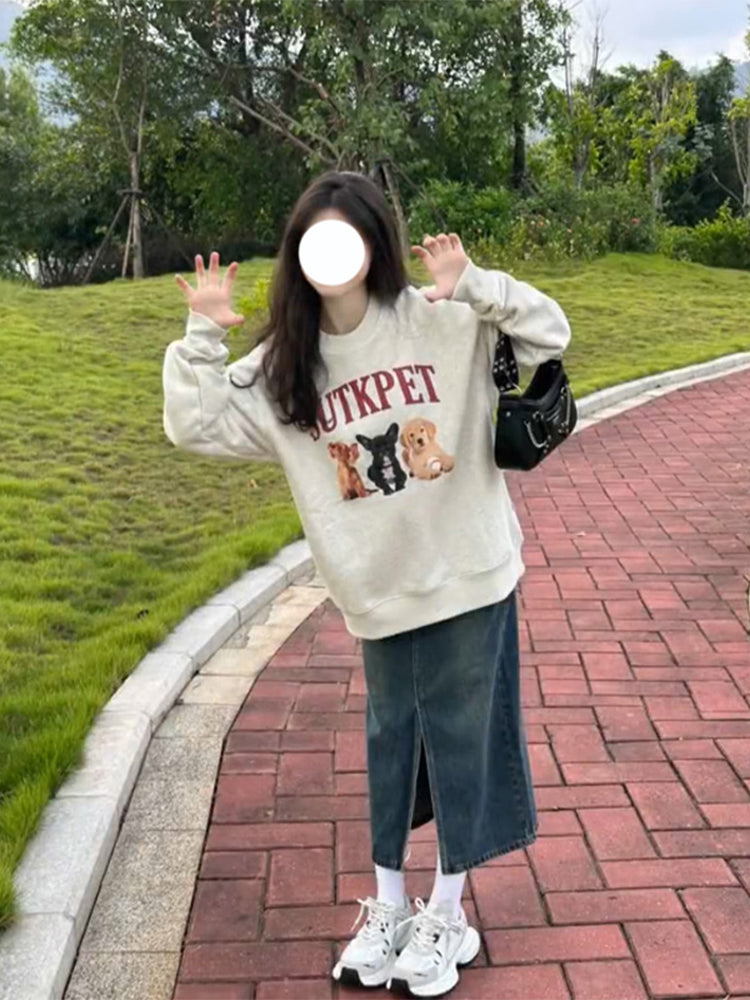 American Retro Cartoon Puppy Gray Sweater Female Spring And Autumn Idle Style Niche Round Neck Long Sleeve Top