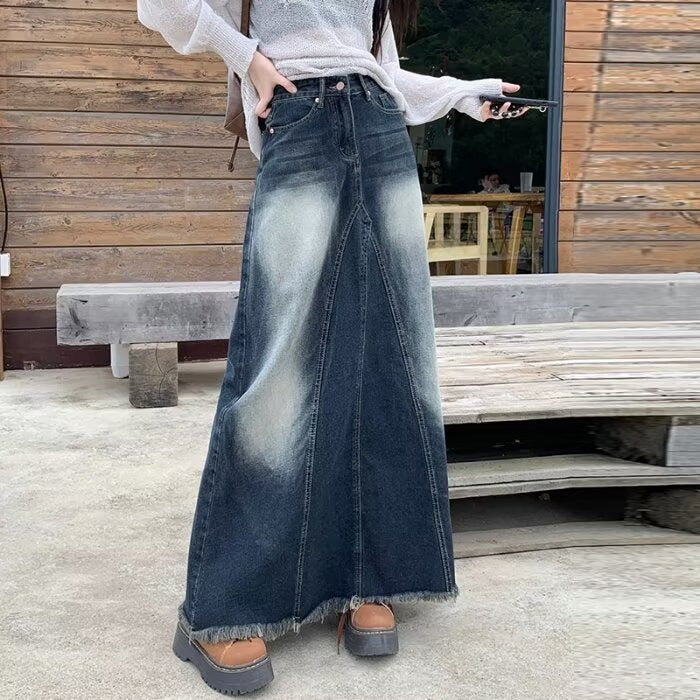Retro High Waist Mid-length Denim Skirt