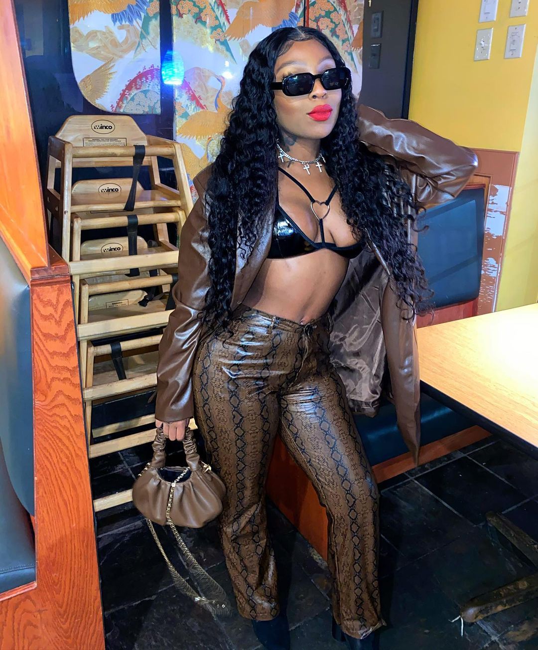 Printed Snake Print Stretch Leather Pants Women'S Wide-Leg Pants