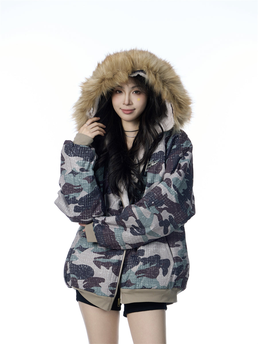 American Vintage Army Green Camouflage Fur Collar Hood Jacket