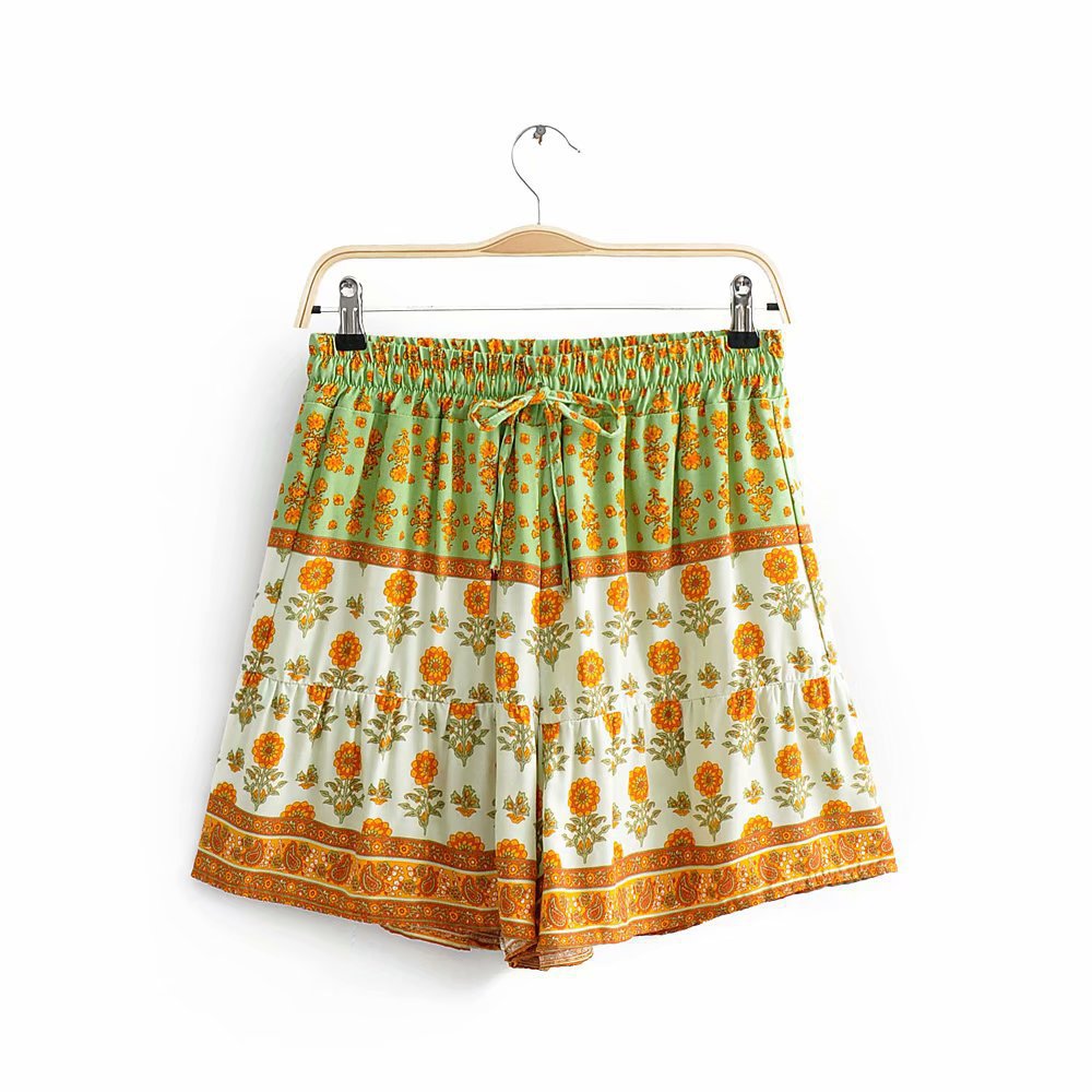 Spring Summer Two Tone Printed Shorts Elastic Waist Strap
