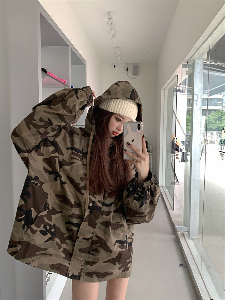 Women's Long Sleeve Zipper Camouflage Tooling Short Coat