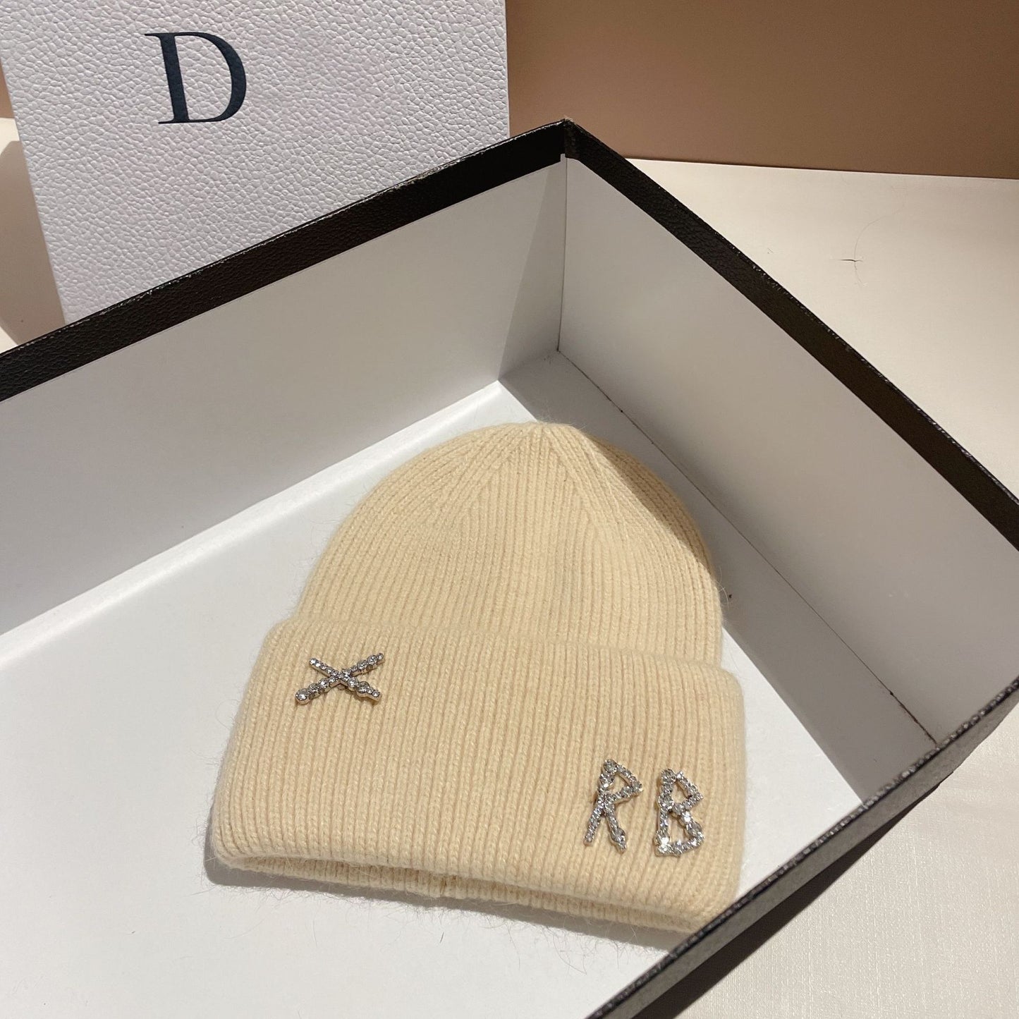 Winter RB Letter Fashion Rabbit Fur Knitted Warm Hat Female