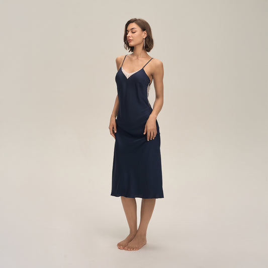 New Satin Chiffon Mid Length Lace Slip Nightgown With A Backless Design