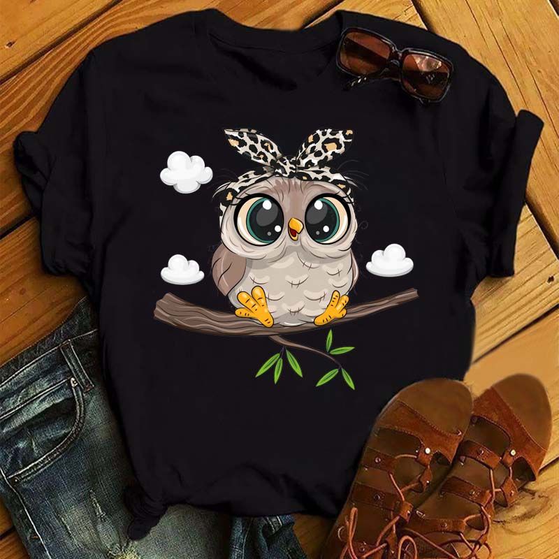 Owl Cute Cartoon Print Short Sleeve