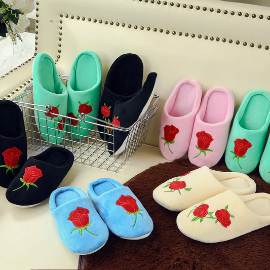 Rose Embroidered Soft Bottom Home Indoor Non Slip Cotton Slippers