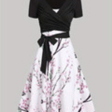 Women's Summer V-neck Short-sleeved Printed Dress Two-piece Set