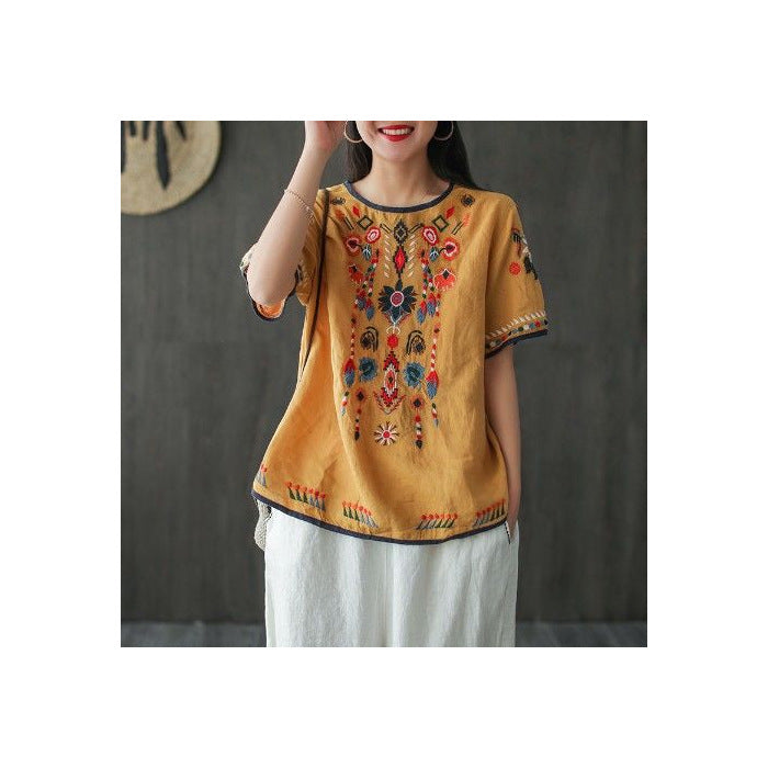 Cotton And Linen Embroidered T-shirt Artistic Loose Pullover Top