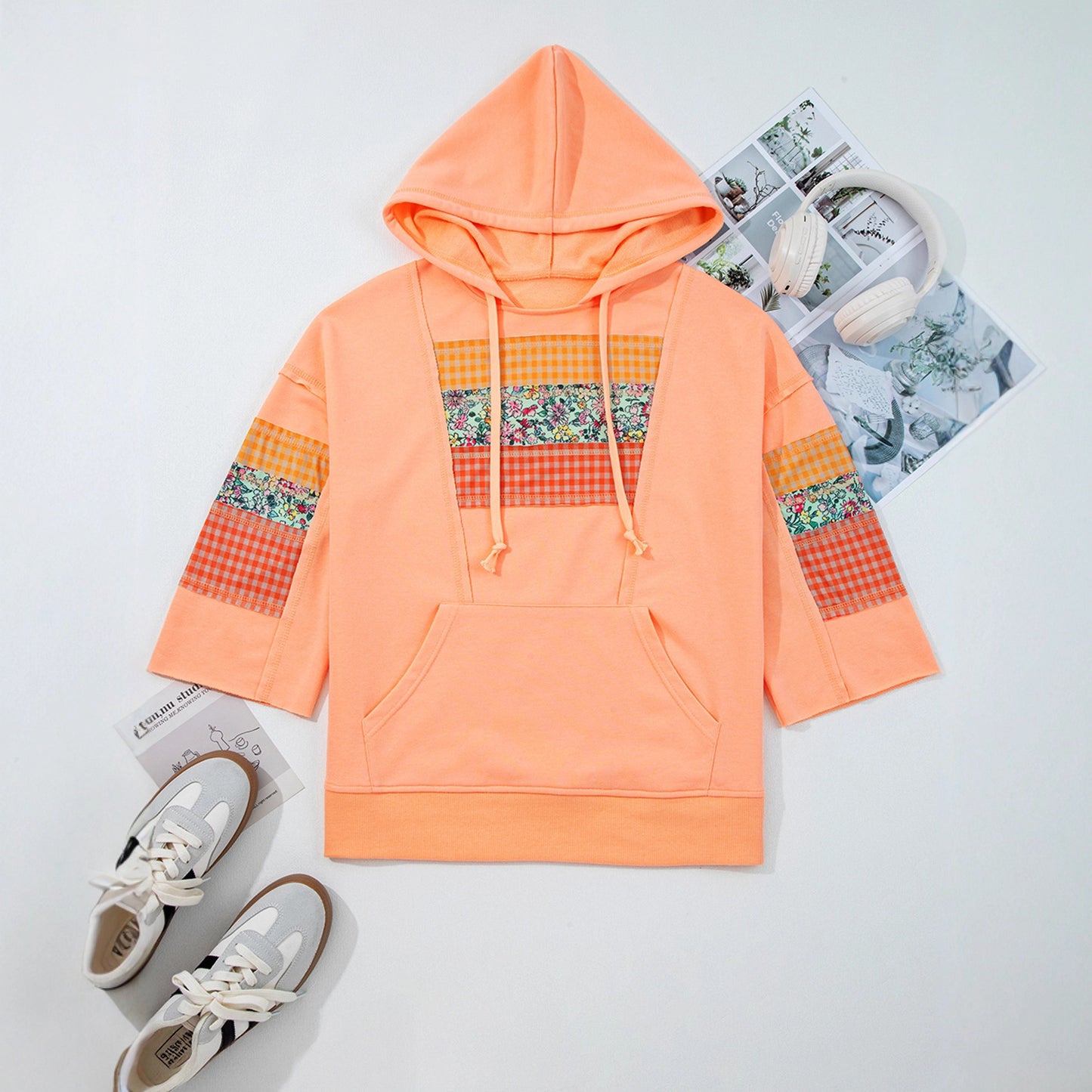Retro Plaid Hooded Women's Contrast Color Sweatshirt