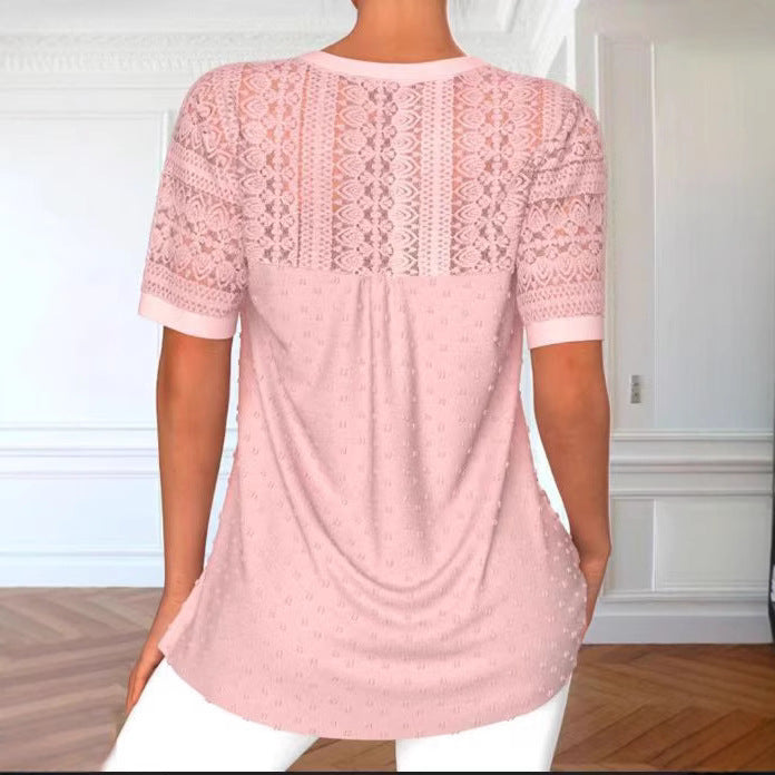 Fashion Round Neck Stitching Lace Short Sleeve