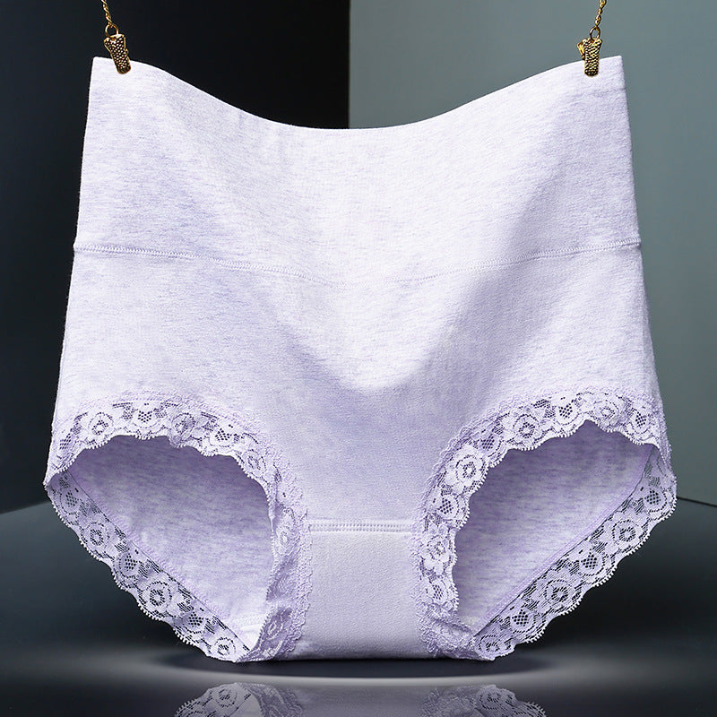 Solid Color Lace Trim Pure Cotton High Waist Briefs